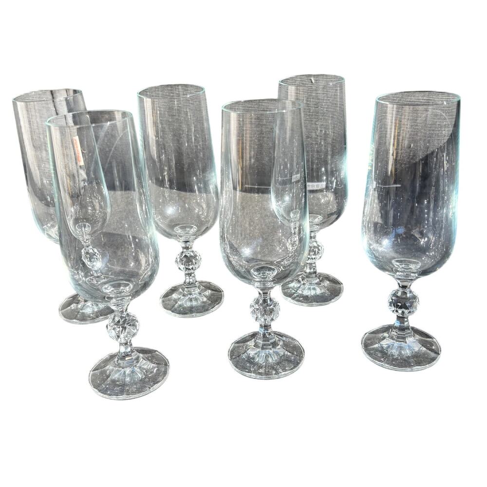 6 Bohemia Crystal Claudia Champagne Flutes High Quality Hand Crafted Vintage
